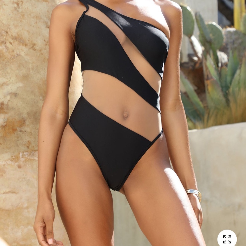 Fashion Nova Black Asymmetrical Mesh One-Piece